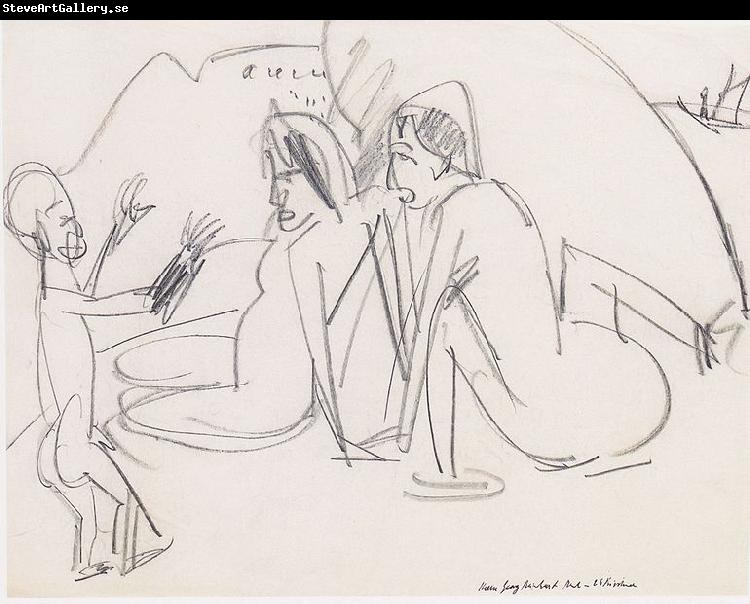 Ernst Ludwig Kirchner Zwei Frauen und Skulptur am Strand